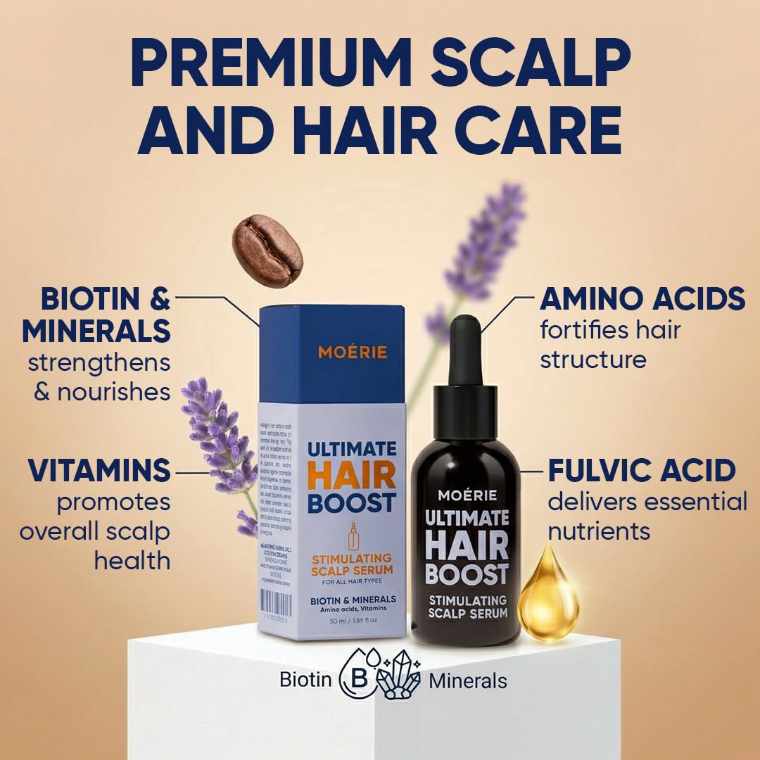 Moerie premium hair thickening serum showing before and after hair volume progress visualization