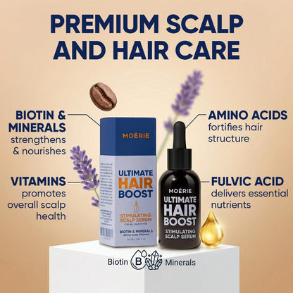 Moerie premium hair thickening serum showing before and after hair volume progress visualization