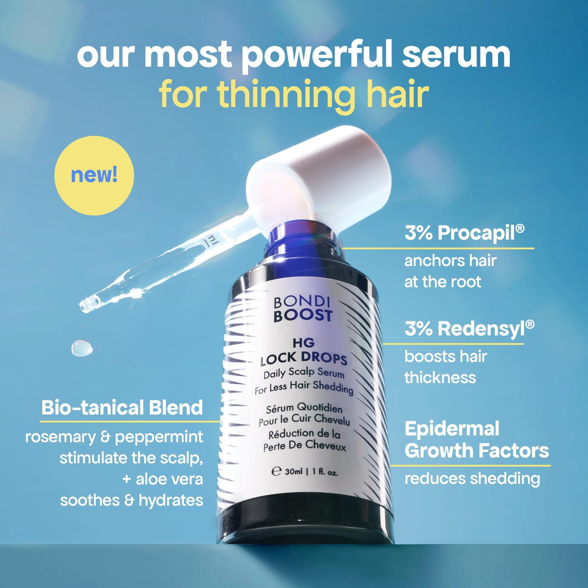 BondiBoost anti thinning scalp treatment bottle with white dropper cap close up view
