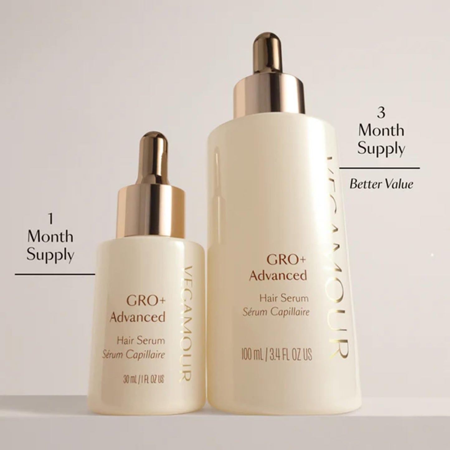Vegamour GRO Plus Advanced Hair Serum dropper view highlighting the lightweight and non-greasy hair density formula.