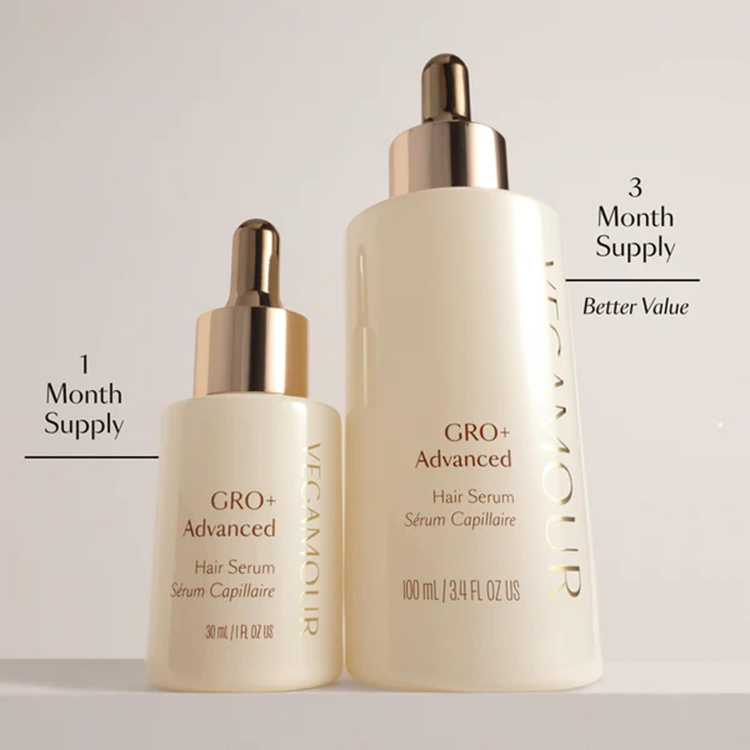 Vegamour GRO Plus Advanced Hair Serum dropper view highlighting the lightweight and non-greasy hair density formula.