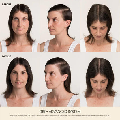 Vegamour GRO Plus Advanced Hair Serum label details displaying the fragrance free and vegan hair care ingredients.