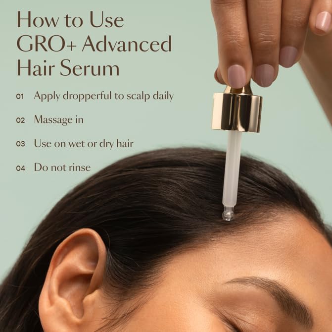 Vegamour GRO Plus Advanced Hair Serum consistency close up demonstrating the fast absorbing clear scalp tonic liquid.