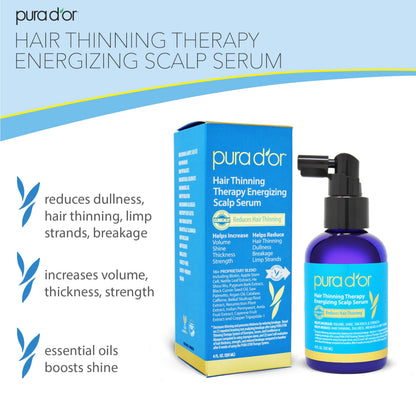 Close up of the label on the four fluid ounce PURA D'OR scalp serum highlighting biotin and caffeine benefits.