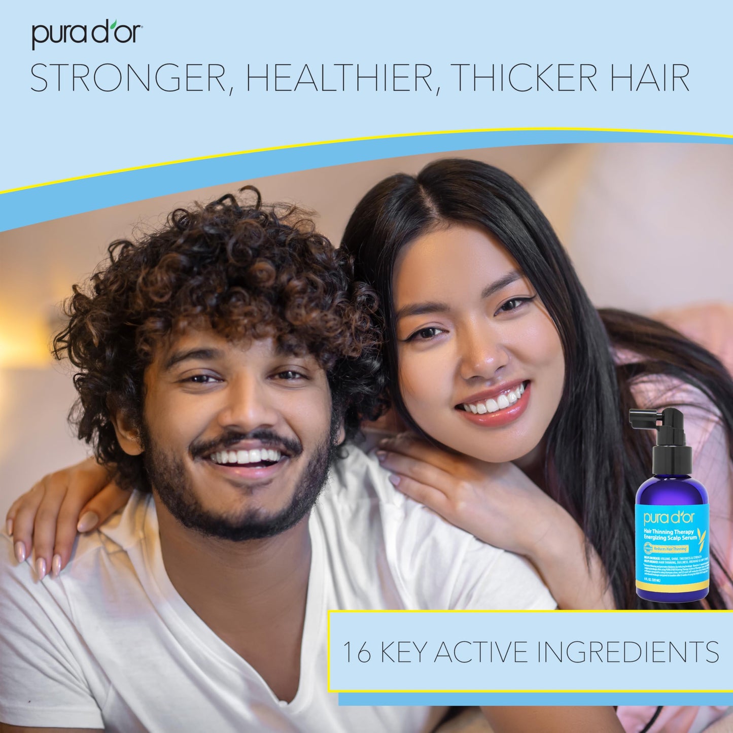 Side profile of the PURA D'OR leave in scalp treatment bottle showing the authentic packaging and clean design.