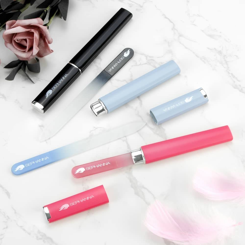 Three Sephanna nail files in pink black and blue colors