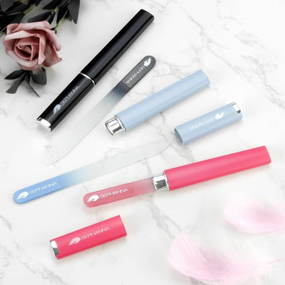 Three Sephanna nail files in pink black and blue colors