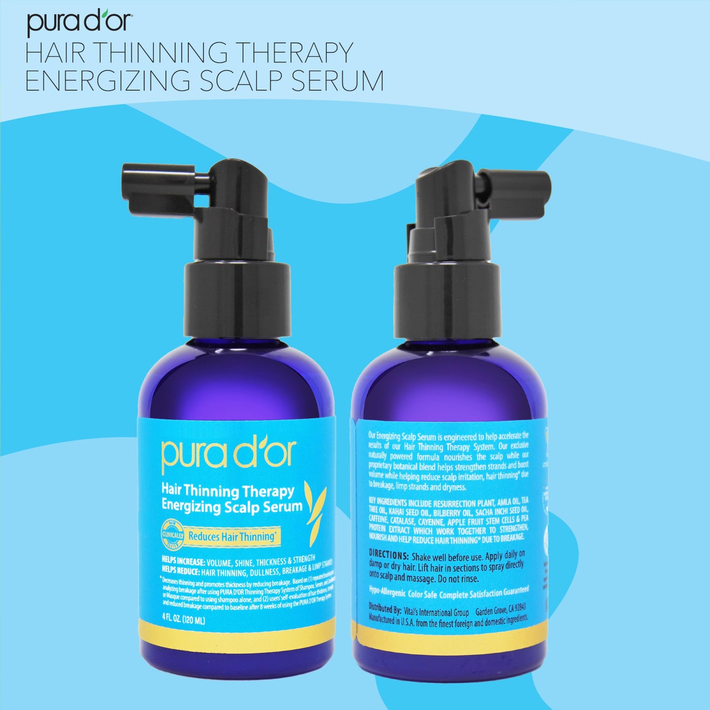 Full product packaging view of the imported USA authentic PURA D'OR anti hair thinning energizing serum.