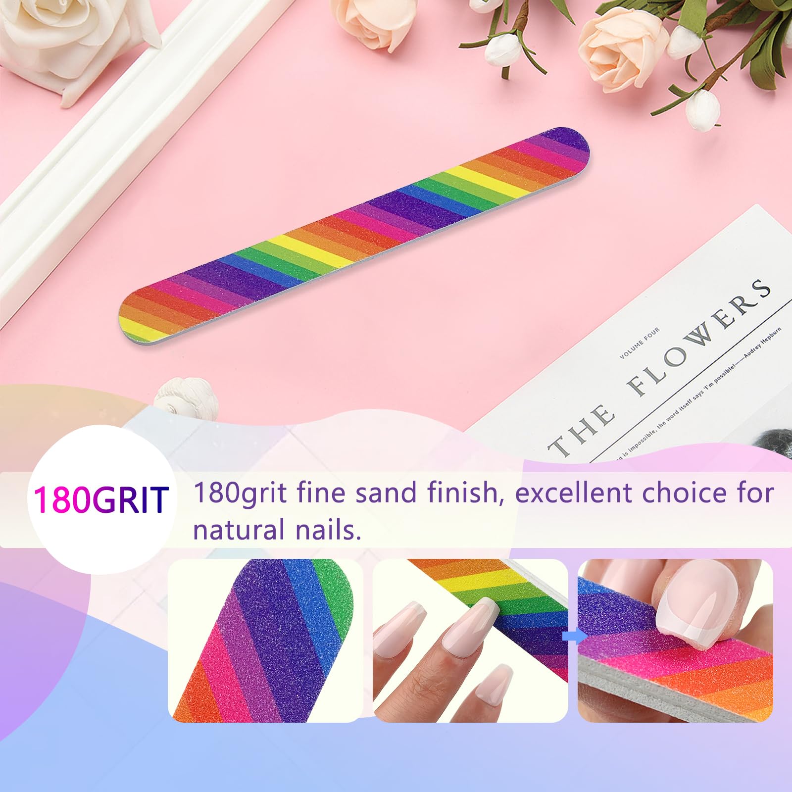Demonstration of 100/180 grit nail file on artificial nail tip