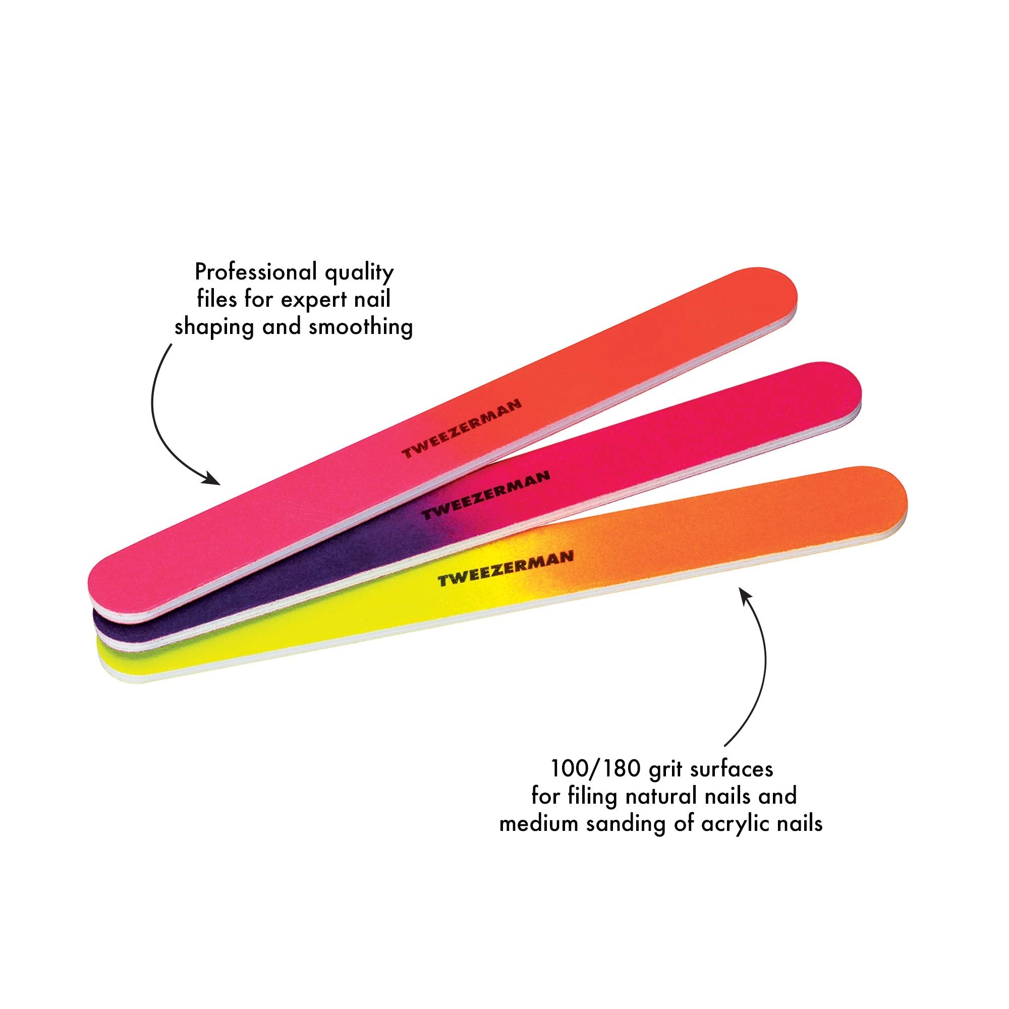 Three neon colored Tweezerman professional nail files side by side