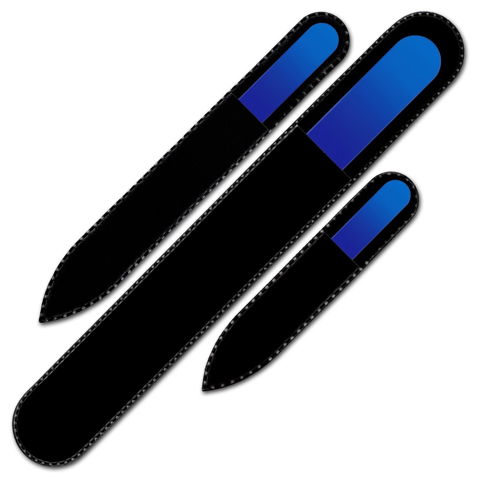 Three different sizes of Mont Bleu glass nail files for manicure