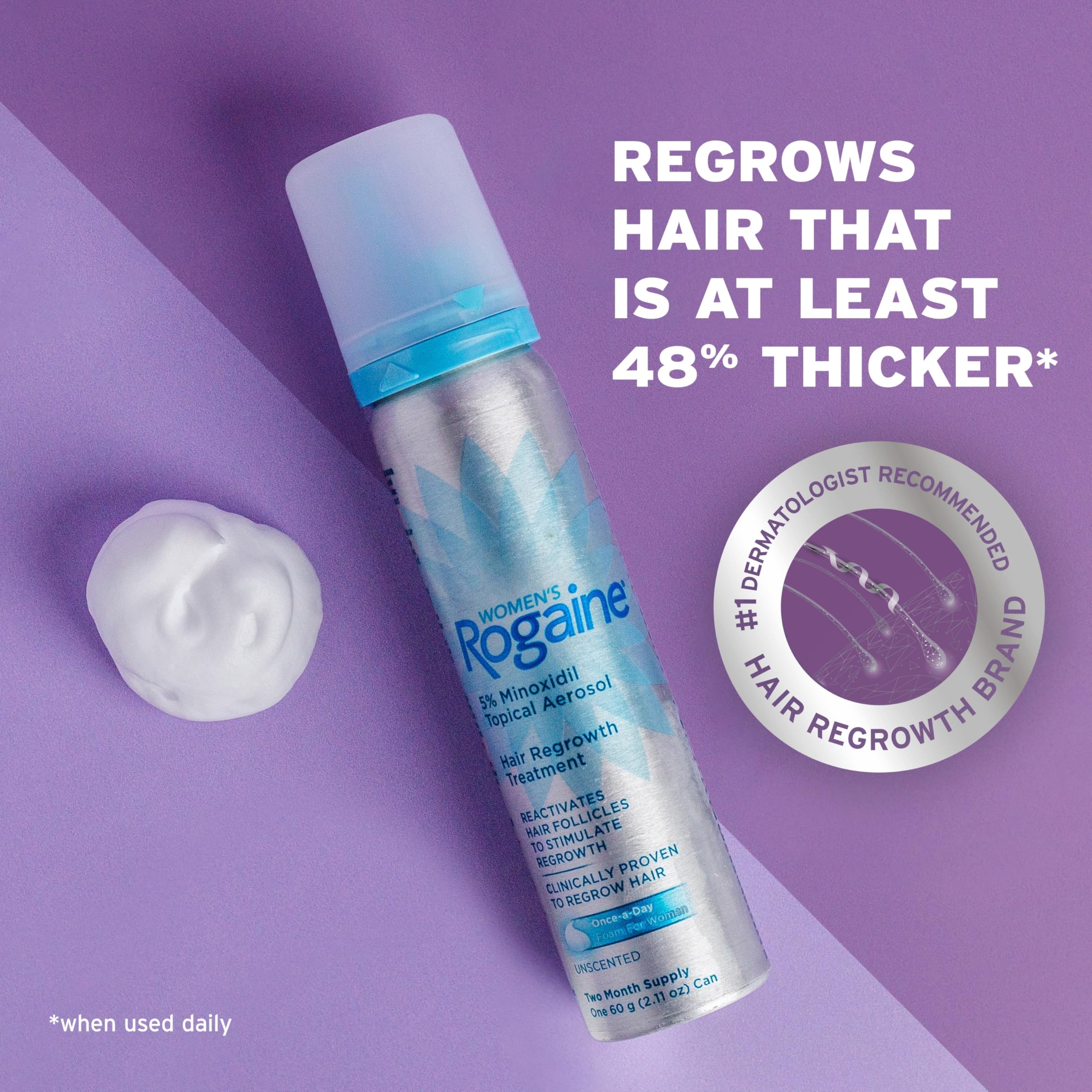 Two cans of Women's Rogaine unscented topical aerosol foam displaying four month supply size