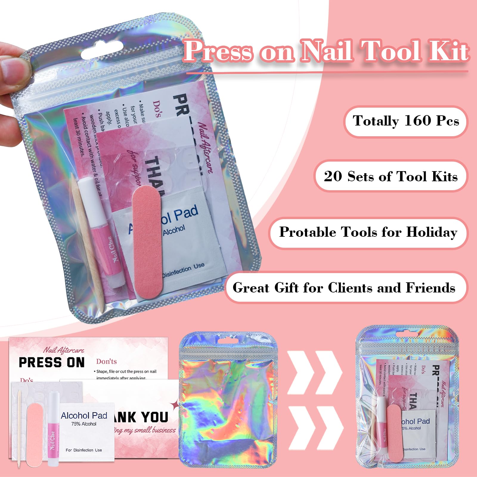 Bebbtiy 20 piece pink press on nail prep tool kit contents