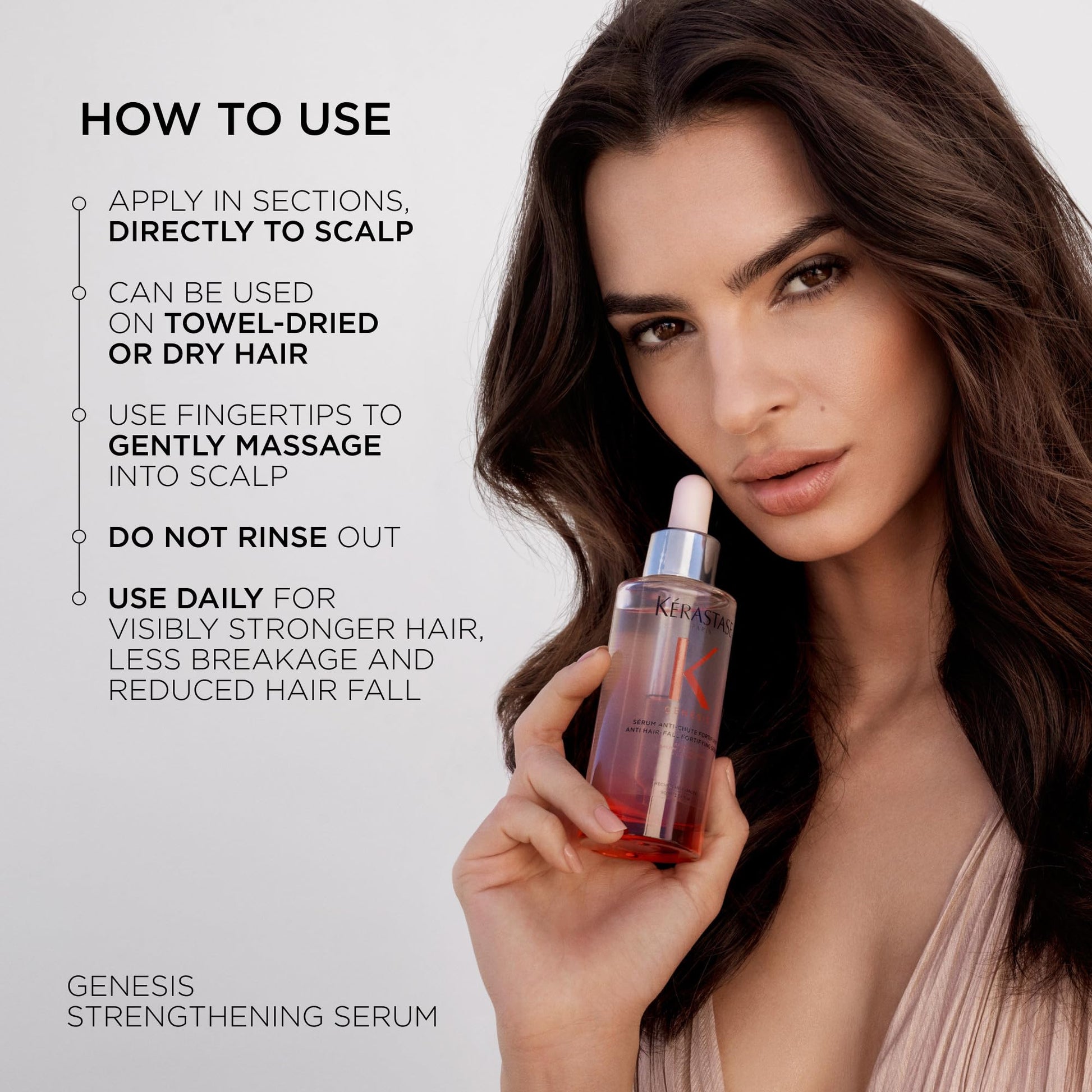 Close up of Kerastase Genesis anti hair fall daily scalp serum dropper cap and bottle texture