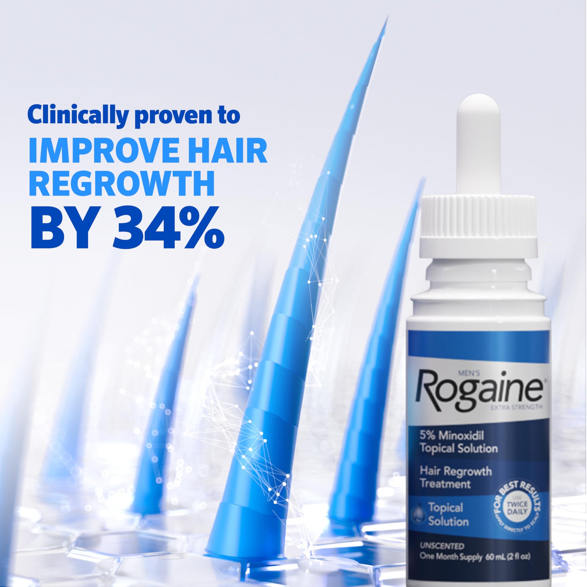 Rogaine Men's 5% Minoxidil three month supply package showing three liquid dropper bottles