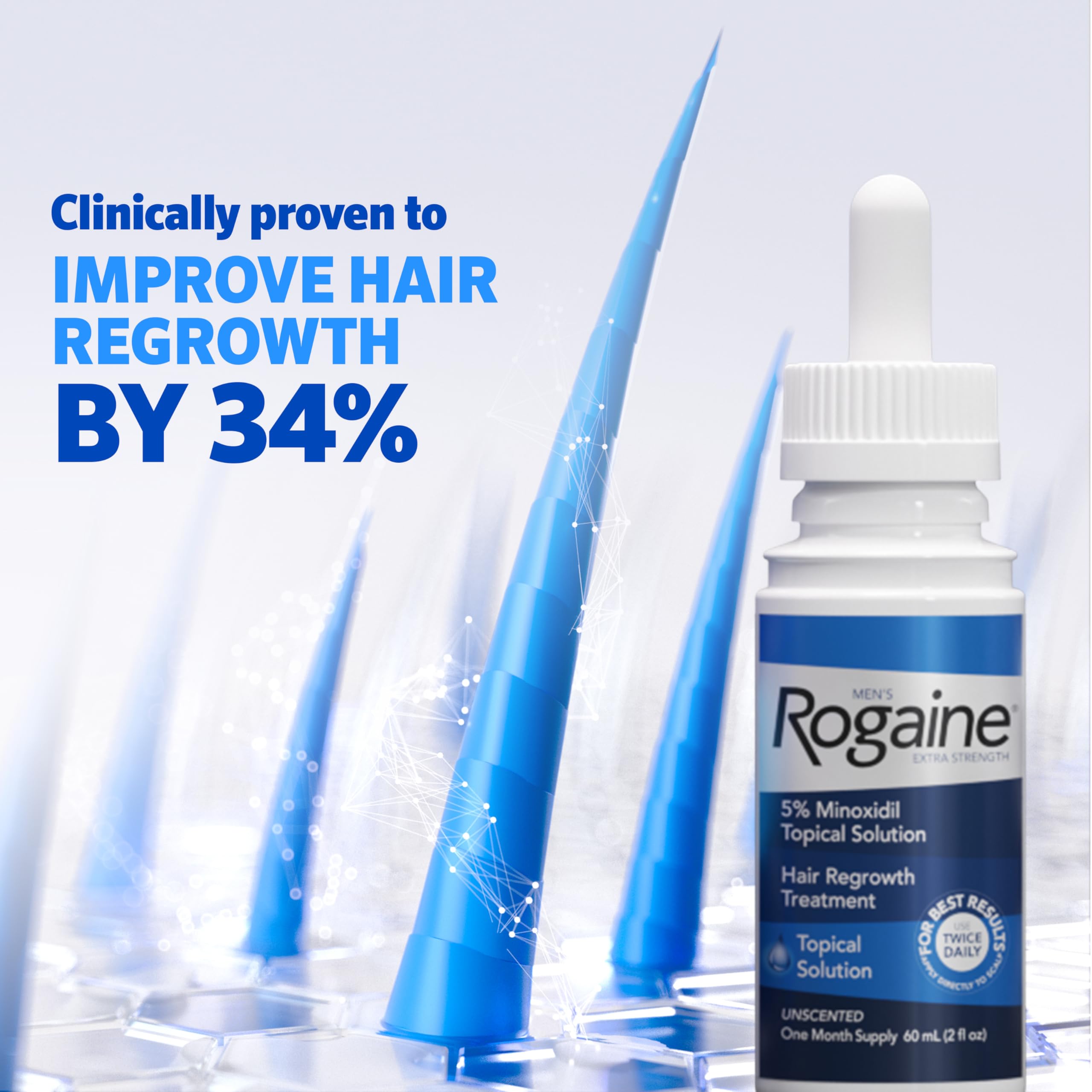 Rogaine Men's 5% Minoxidil three month supply package showing three liquid dropper bottles