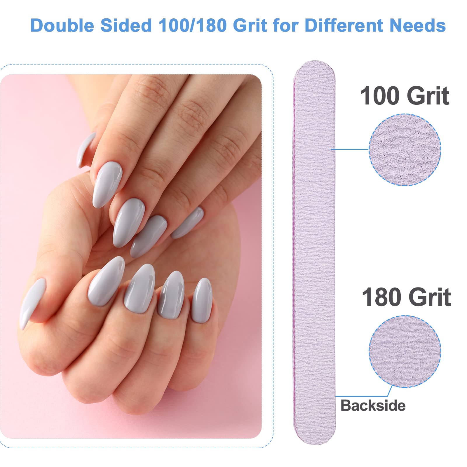 Close up of AhaTopia gray emery boards for acrylic nails