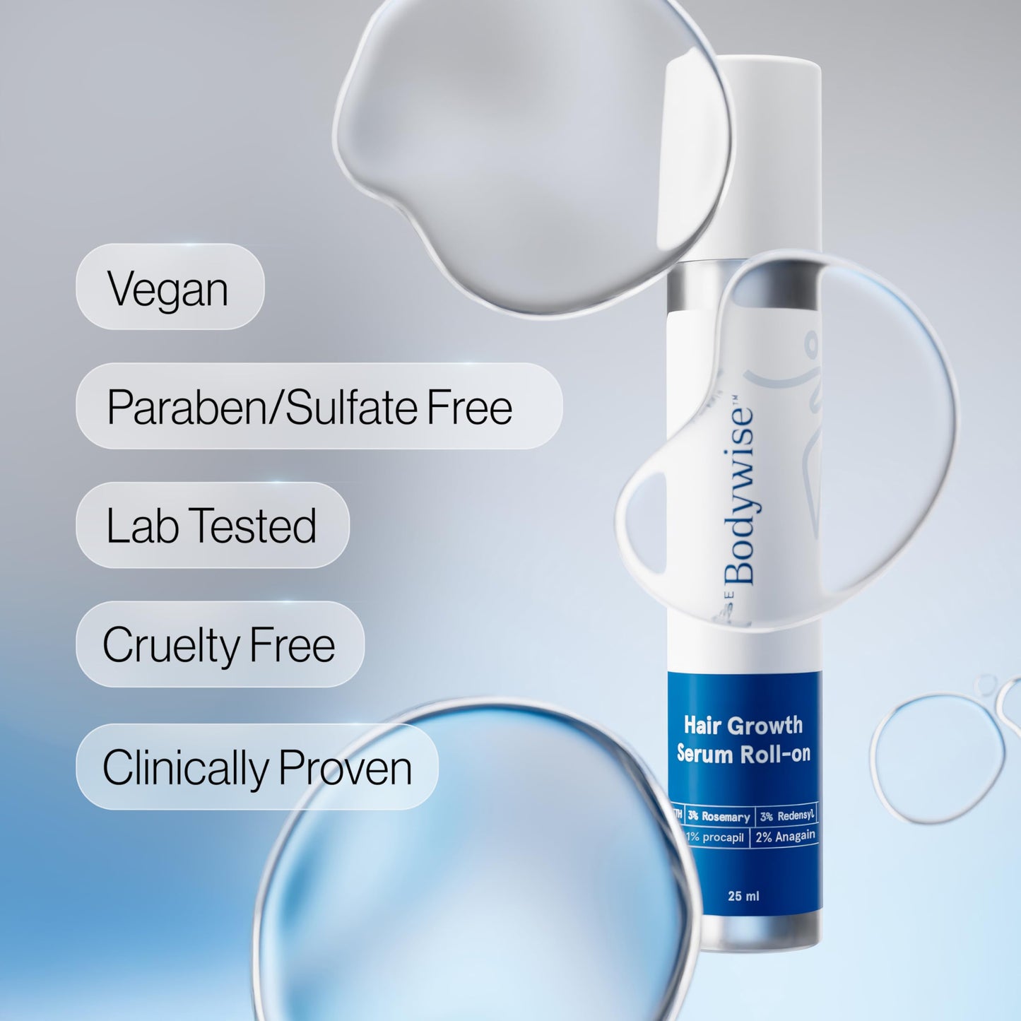 Be Bodywise hair growth serum package highlighting the paraben and sulfate free labels