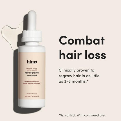 Hims Extra Strength Minoxidil five percent solution packaging highlighting premium hair care.