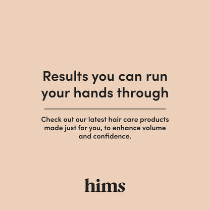 Non greasy Hims hair thinning treatment liquid solution displayed on clean surface.