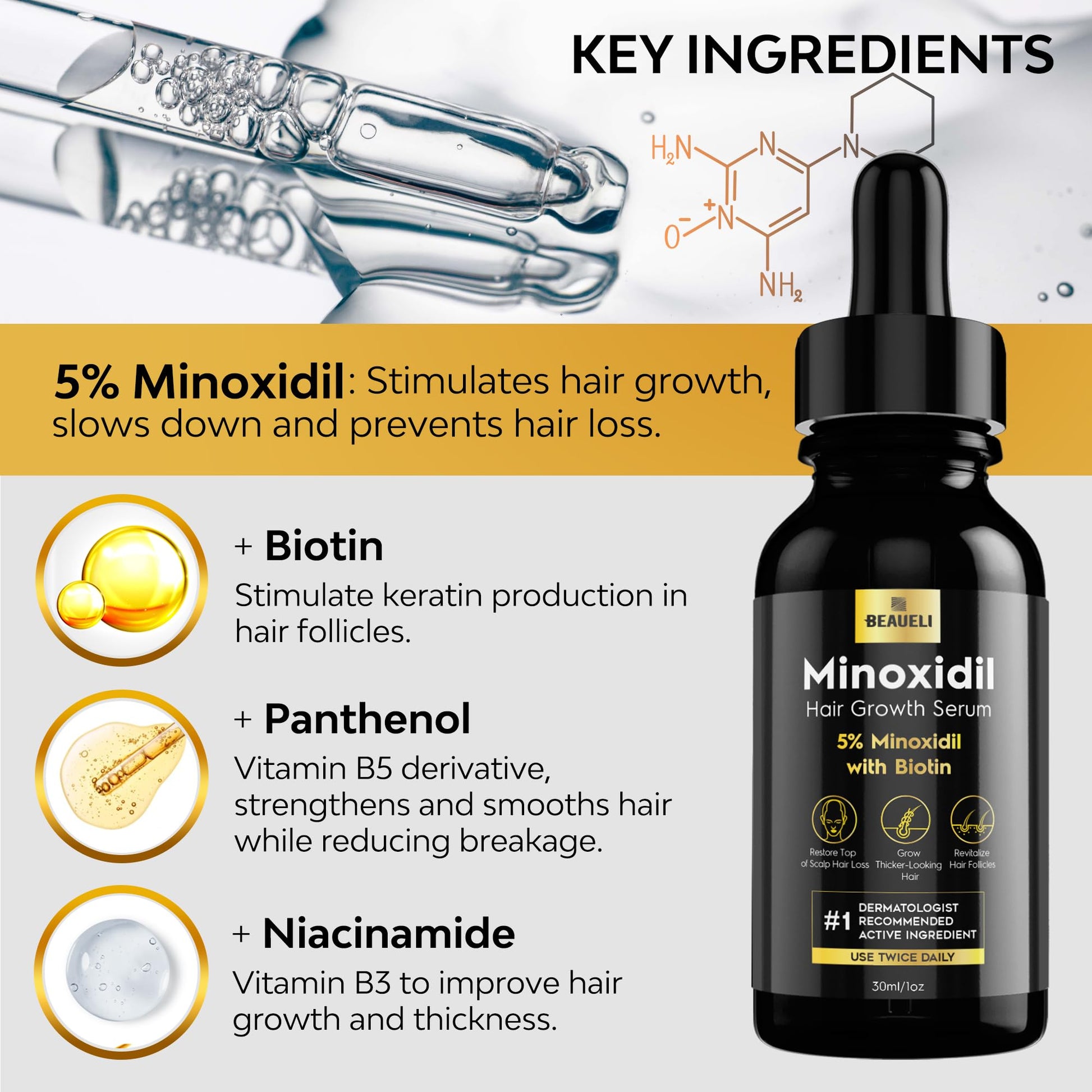 Beaueli hair loss treatment serum featuring active follicle revitalizing ingredients.