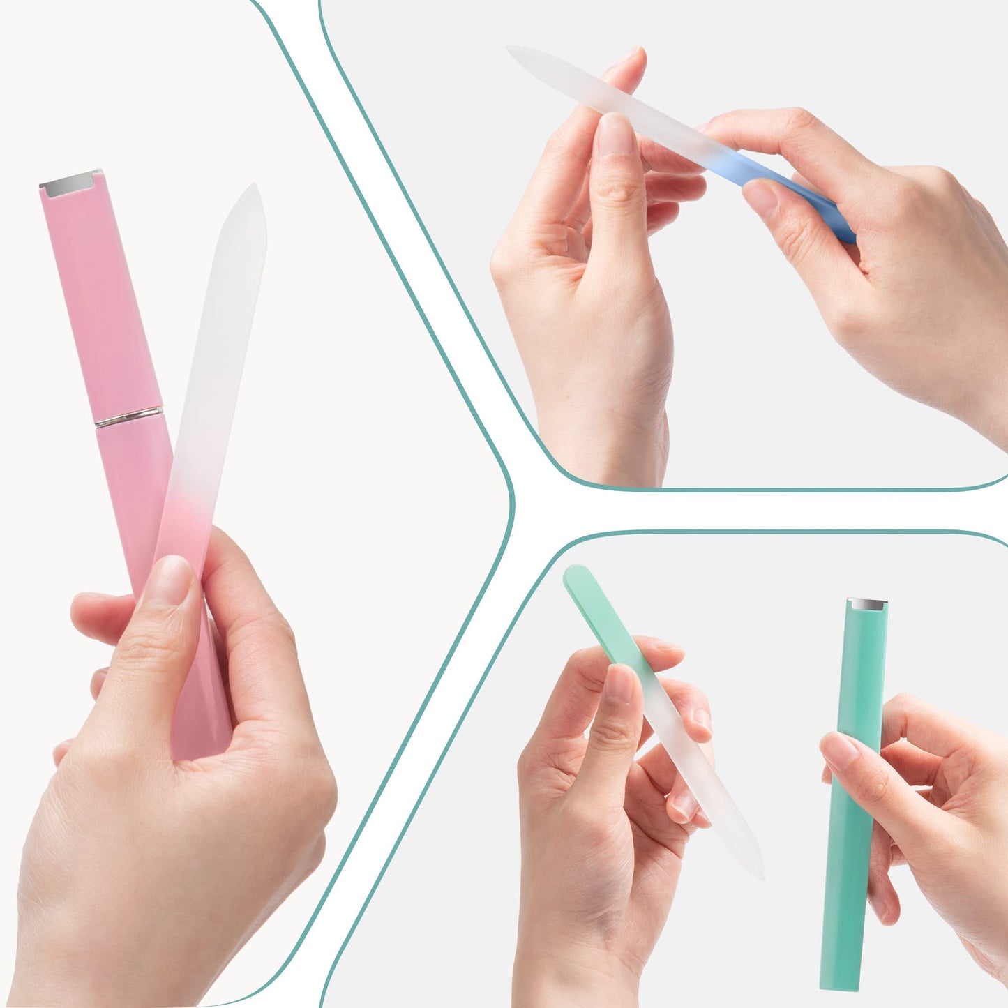 Diodiva glass nail file set showing green pink and blue colors