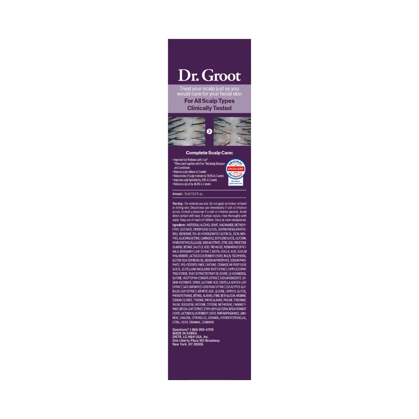 Dr. Groot Korean scalp treatment roll-on bottle displaying product benefits for thinning hair.