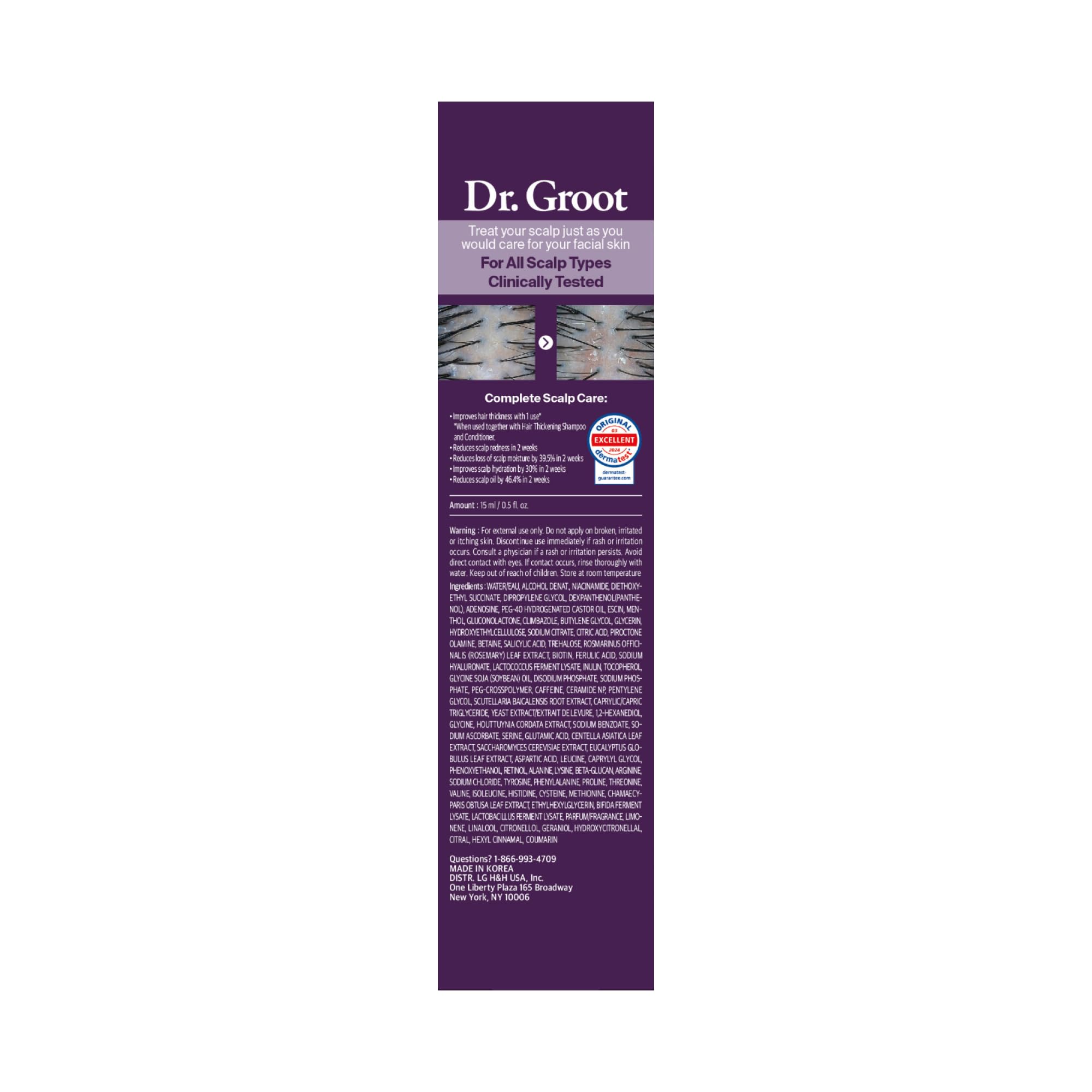 Dr. Groot Korean scalp treatment roll-on bottle displaying product benefits for thinning hair.