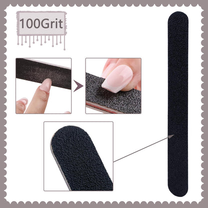 Close up of 100 grit side of black emery board