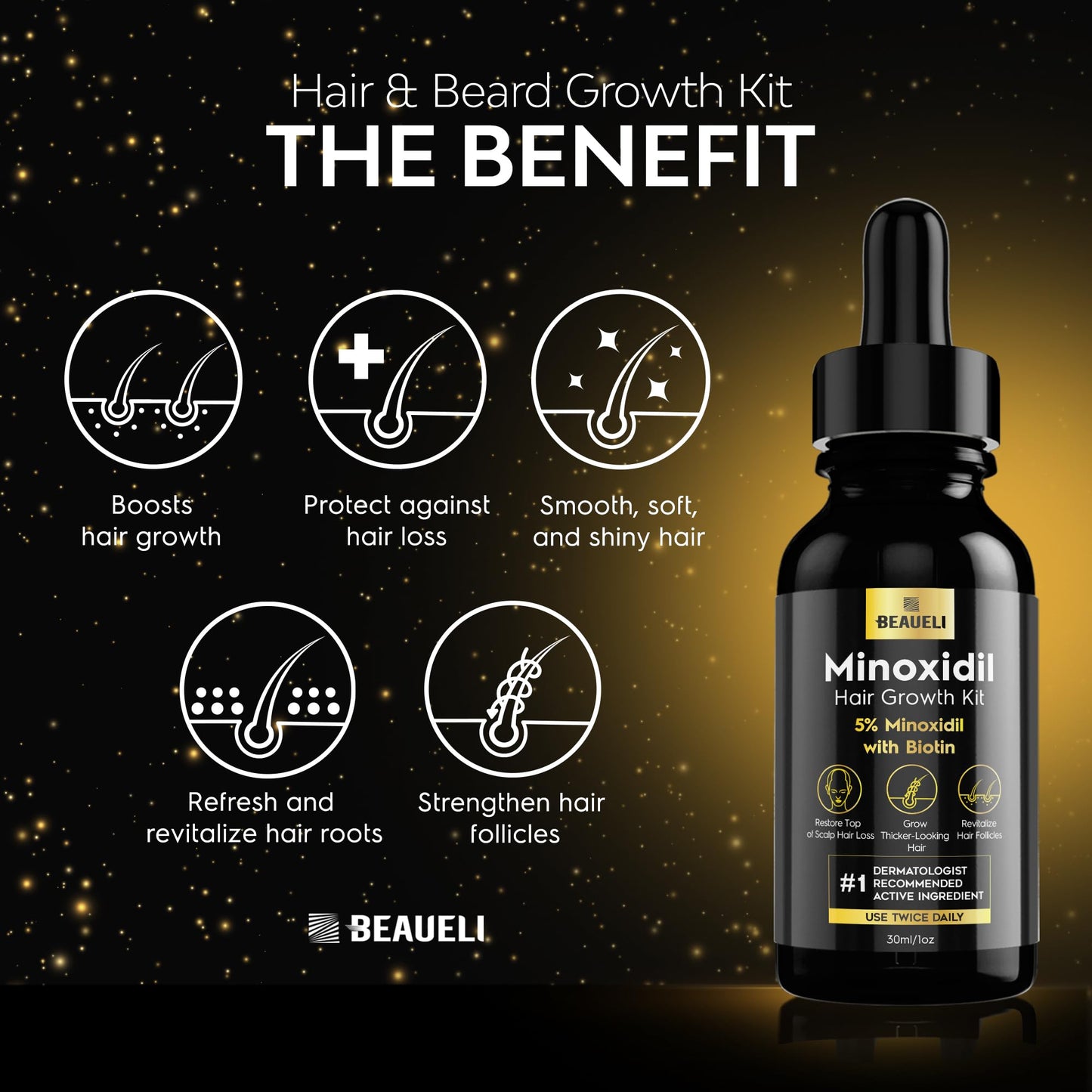 Close up of the Beaueli hair regrowth kit packaging emphasizing the biotin infused follicle revitalizing formula.
