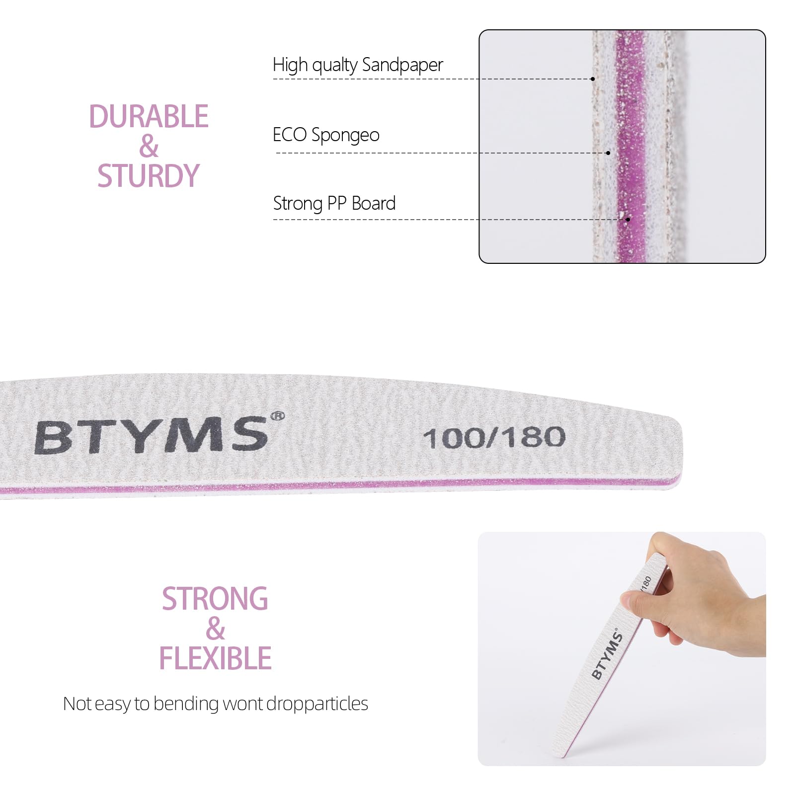 Hand holding 100/180 grit nail file demonstrating shape and size