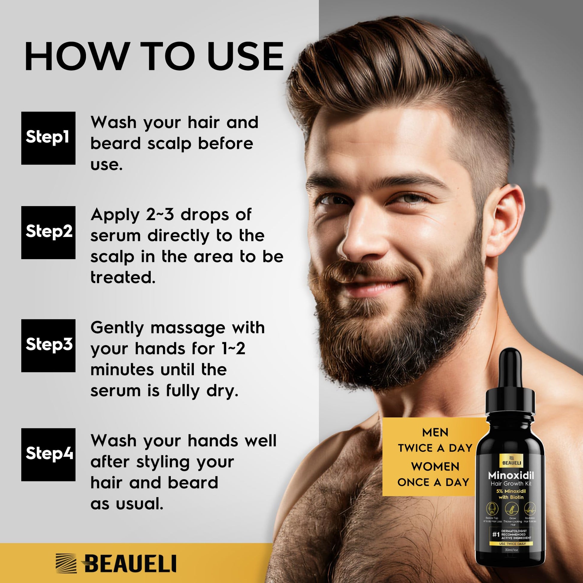 Side angle of the Beaueli black edition beard growth kit showing the compact one fluid ounce bottle size.