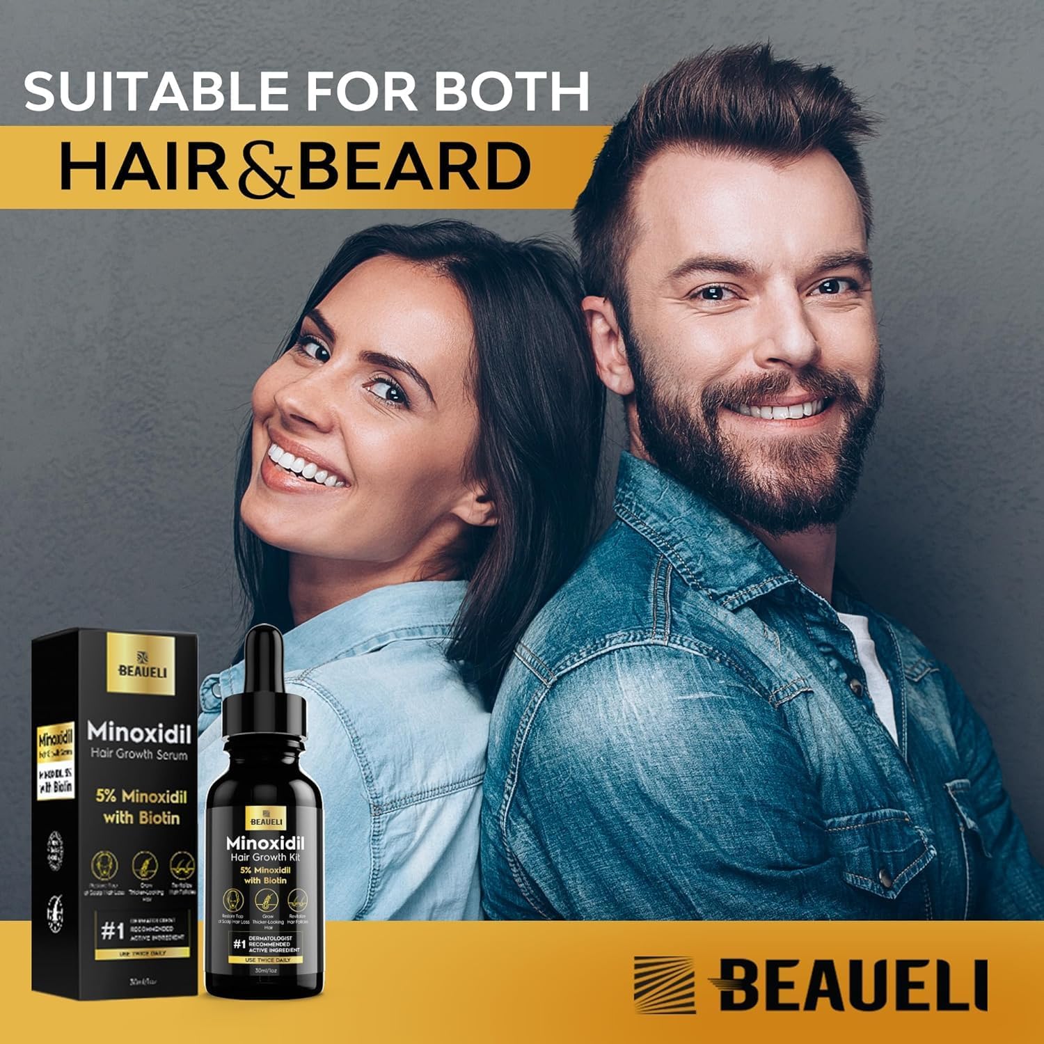 Beaueli minoxidil and biotin serum bottle placed next to its original import packaging highlighting product authenticity.