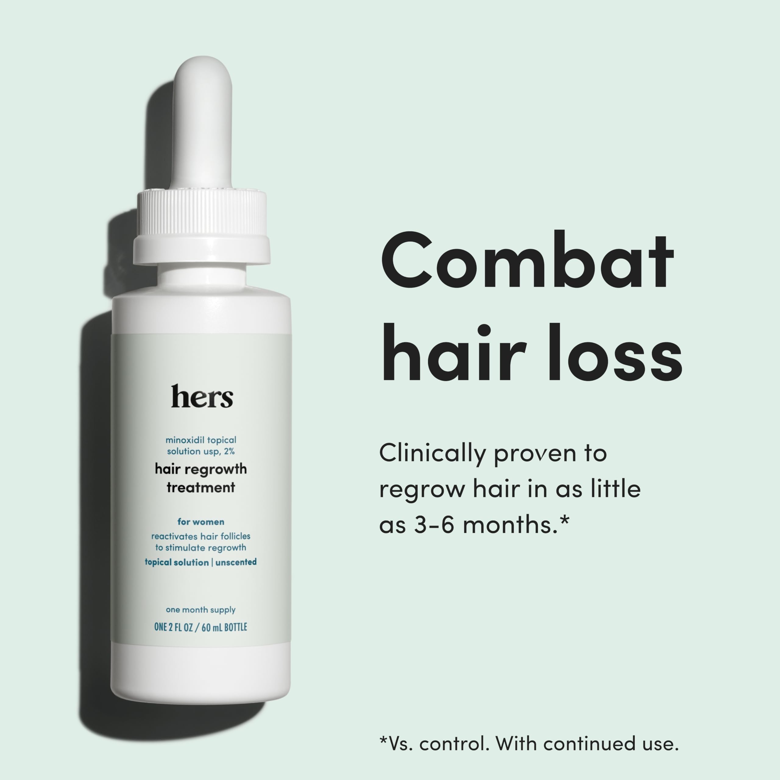 Hers Topical Minoxidil Two Percent Solution bottles and dropper overview.