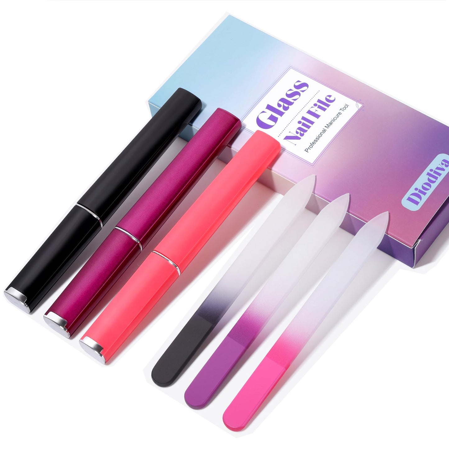 Diodiva glass nail files showing different color variations
