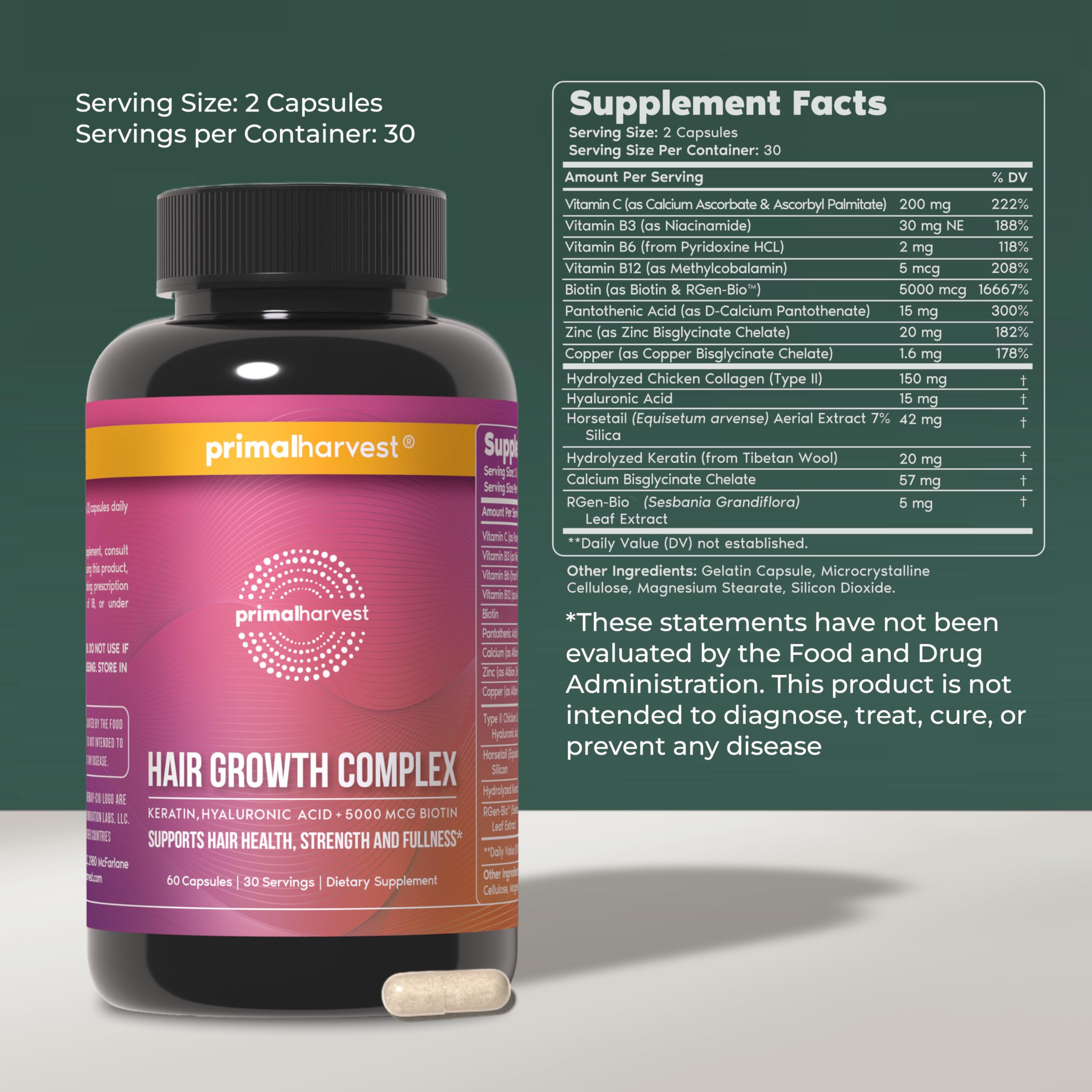 Primal Harvest 60 capsules supplement facts and ingredient breakdown for hair thickening.