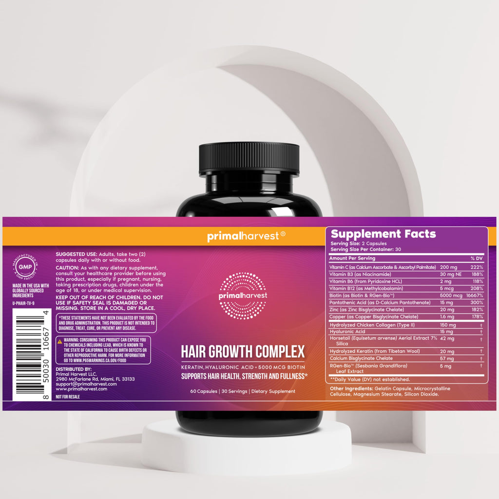Primal Harvest Hair Growth Complex packaging box and bottle layout