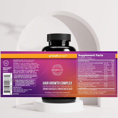 Primal Harvest Hair Growth Complex bottle with clean capsule contents displayed.