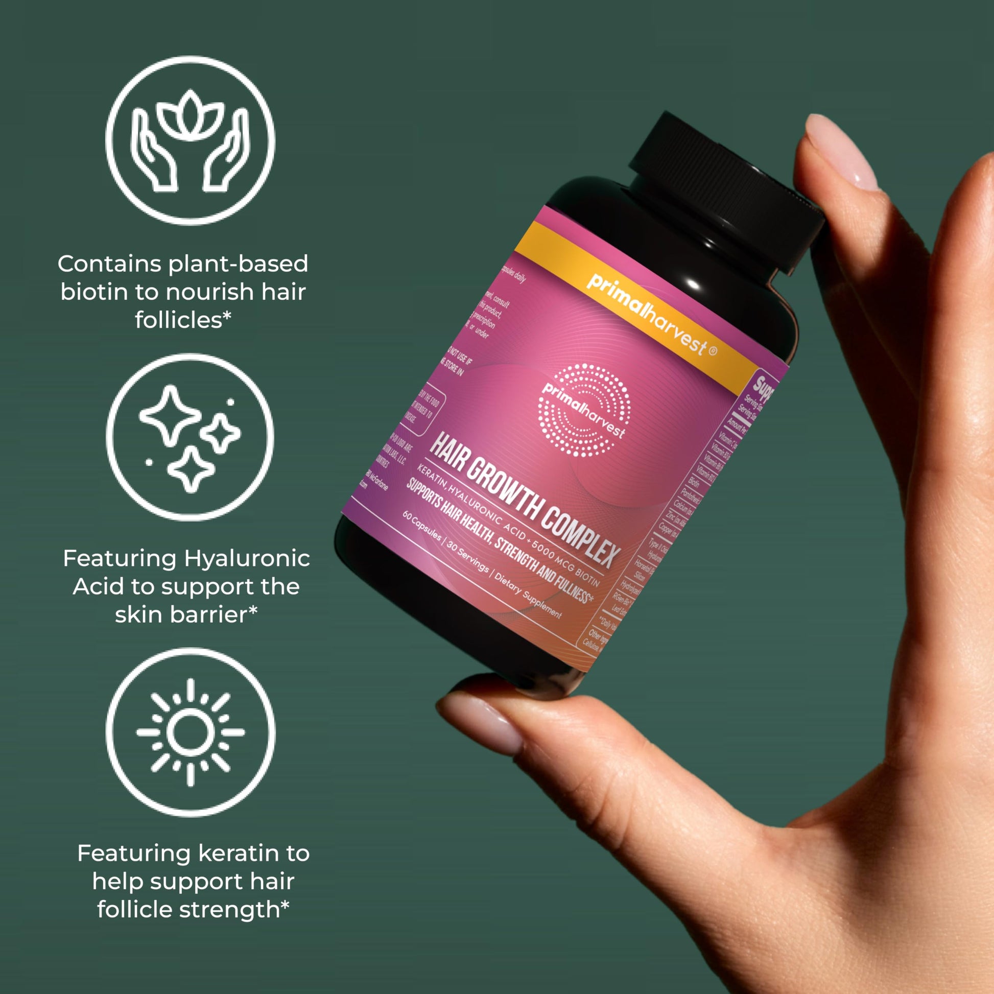 Side view of Primal Harvest hair wellness formula showing product instructions and directions.