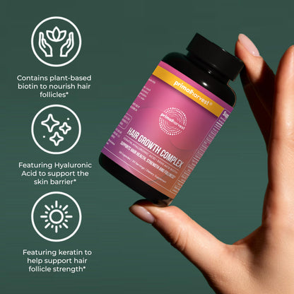 Side view of Primal Harvest hair wellness formula showing product instructions and directions.