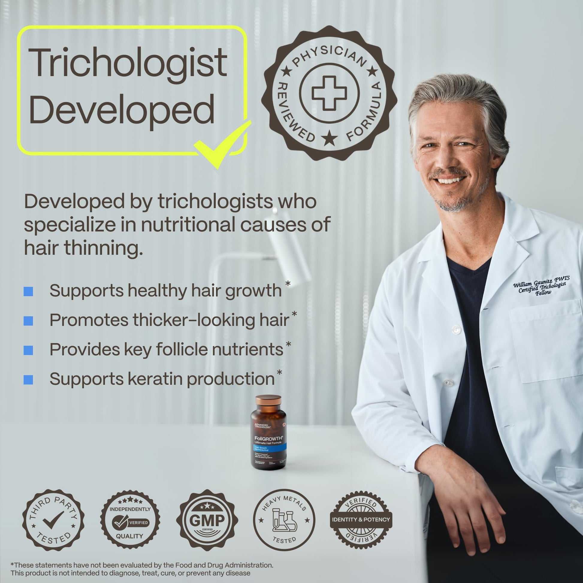 American Hair Loss Association approved FoliGROWTH nutraceutical bottle showing hair thickening benefits