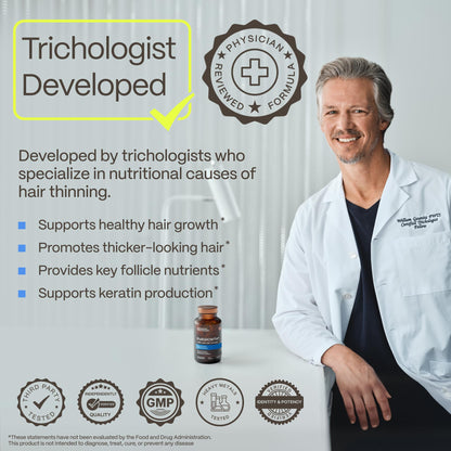 American Hair Loss Association approved FoliGROWTH nutraceutical bottle showing hair thickening benefits