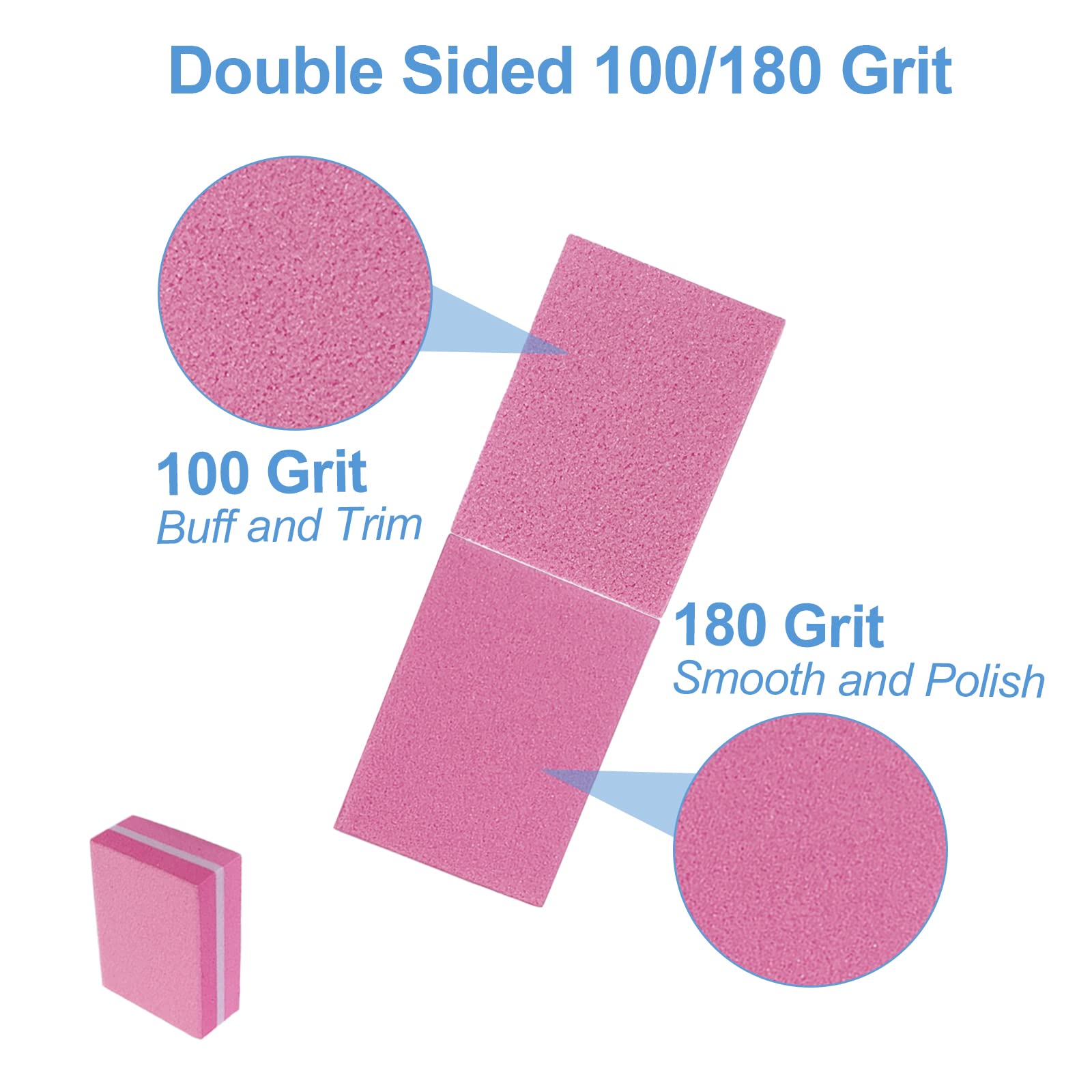 Hand holding pink mini nail buffer block for scale