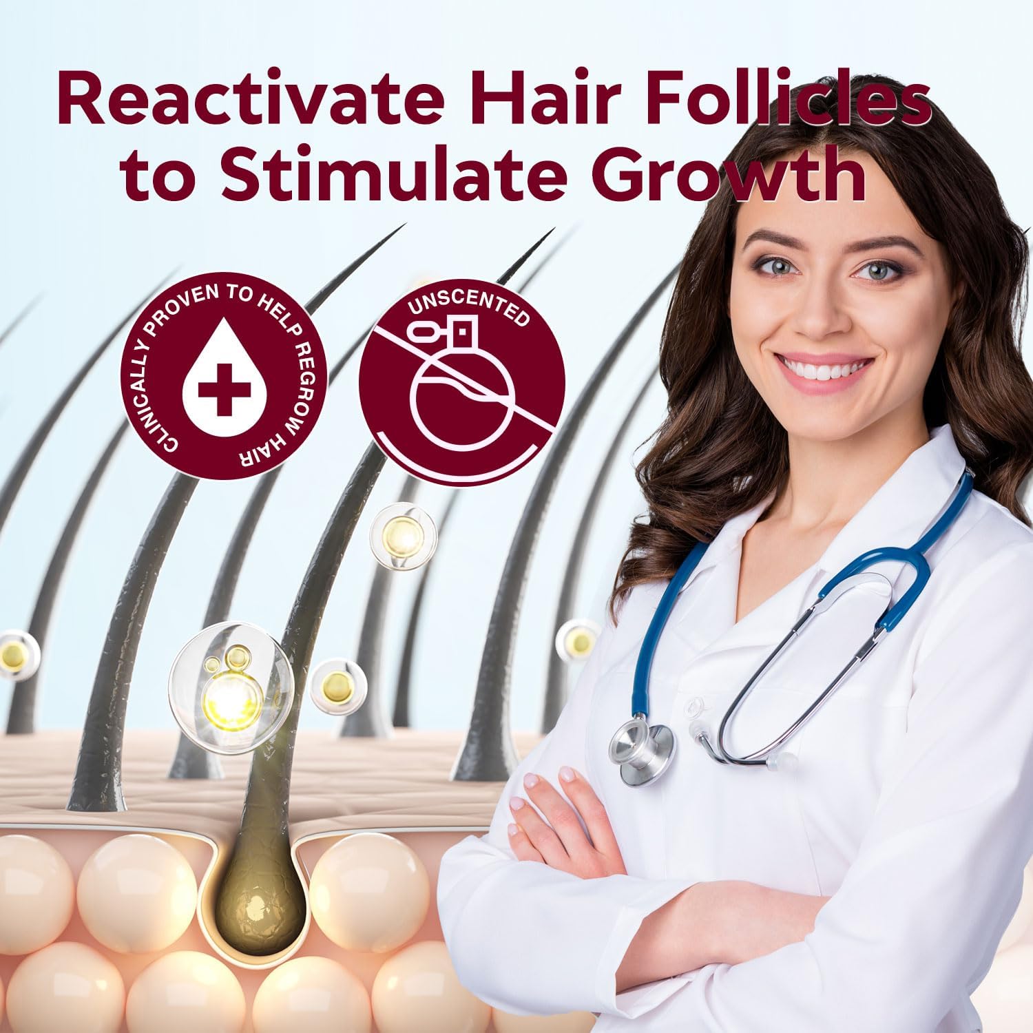 Sixty milliliter bottles of topical minoxidil formula with targeted spray nozzle for easy application