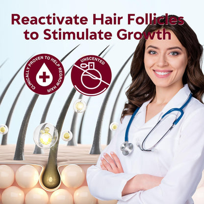 Sixty milliliter bottles of topical minoxidil formula with targeted spray nozzle for easy application
