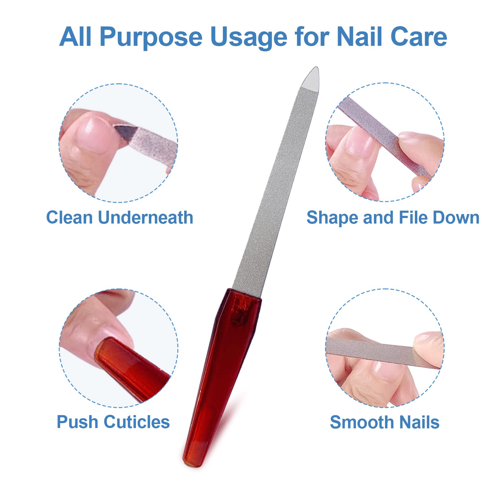 Stainless steel nail file with non-slip handle close up