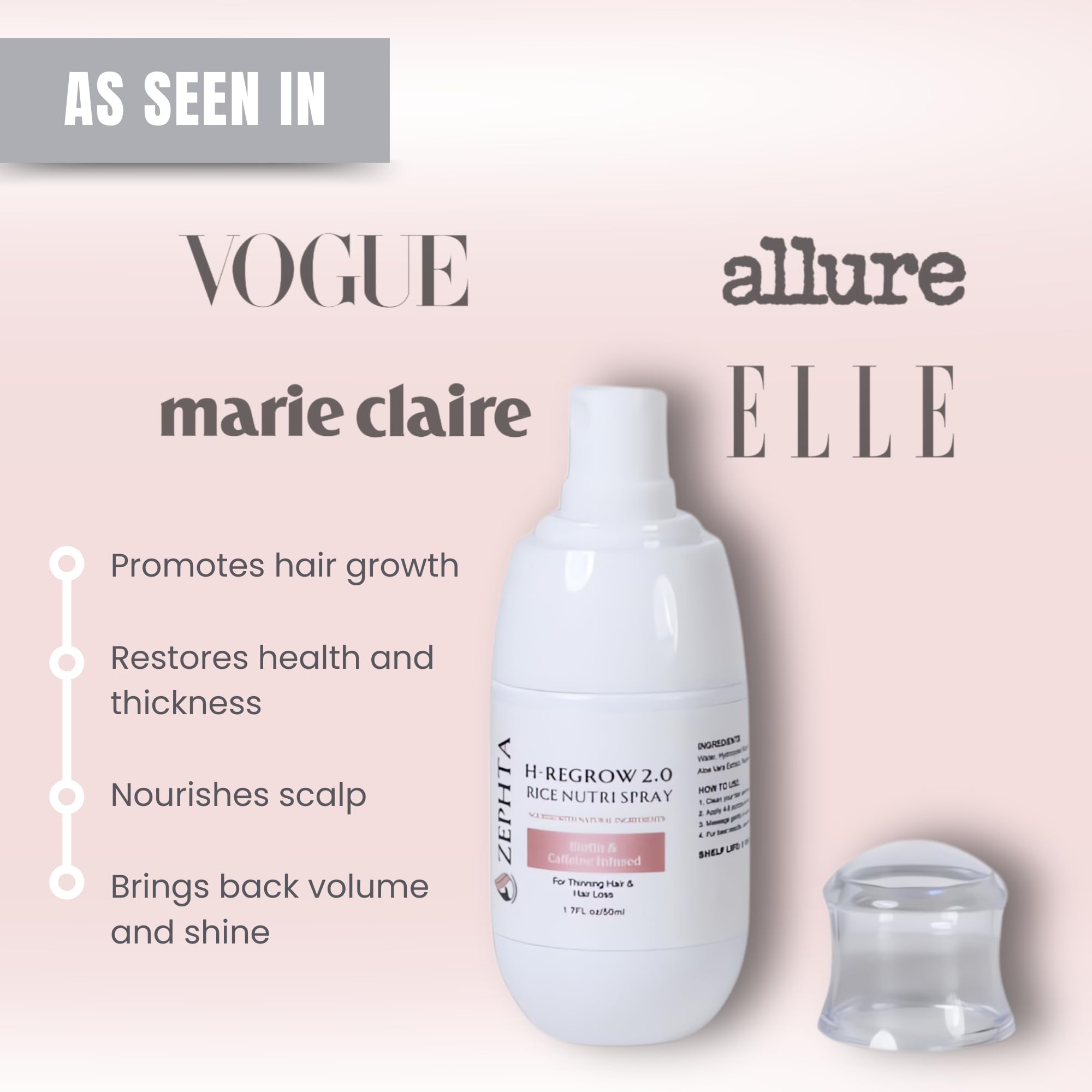 Zephta Rice Nutri Spray bottle displaying biotin and caffeine ingredients for hair loss