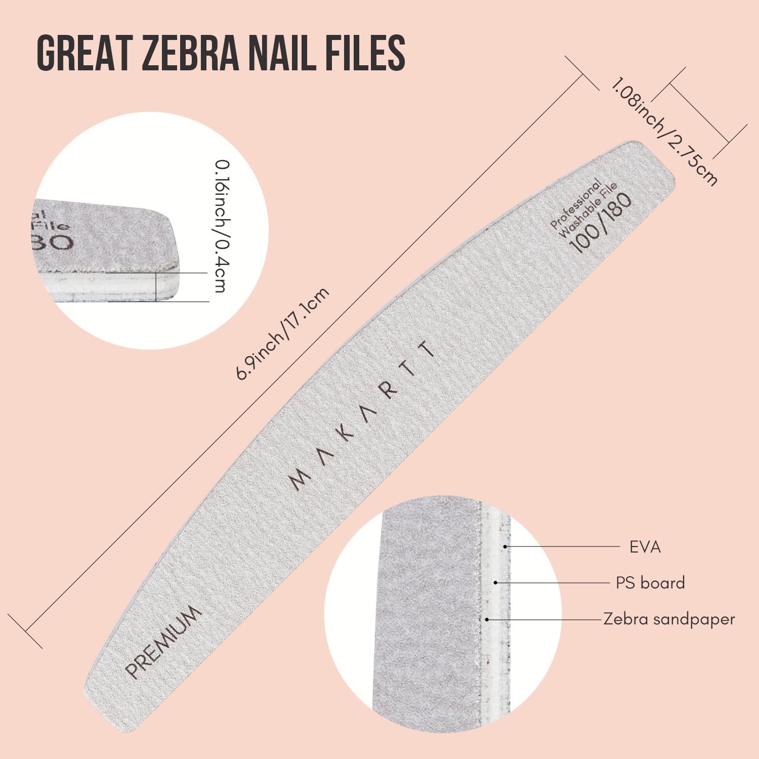 Ergonomic zebra nail files by Makartt for natural nails