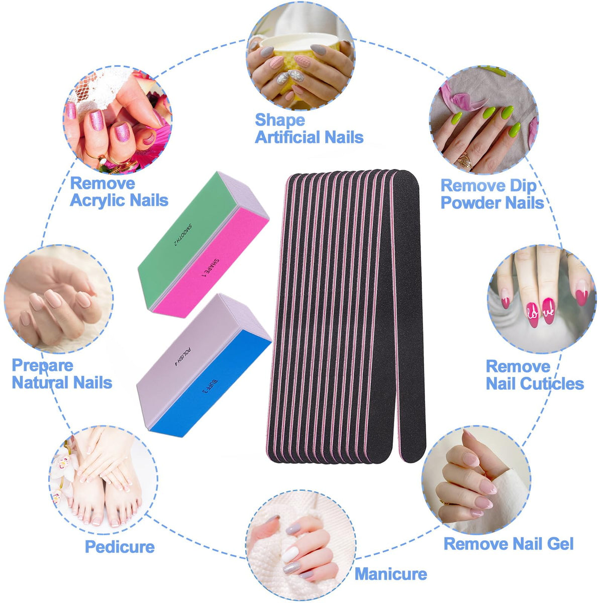 Side view of professional nail filing and smoothing tools