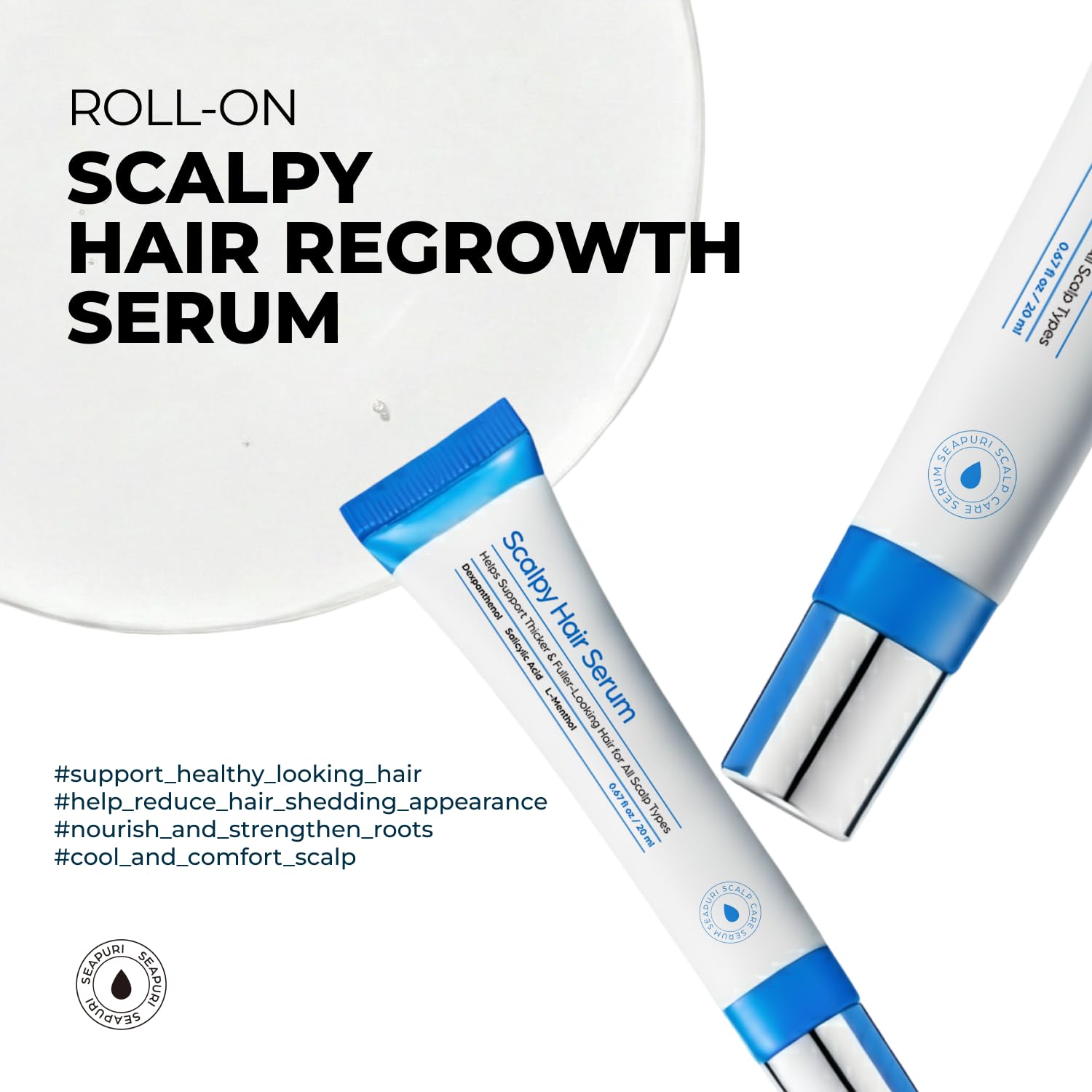 Seapuri scalp treatment serum packaging highlighting salicylic acid and dexpanthenol ingredients